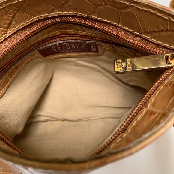 Croc Embossed Tan Leather Made in Italy Chain Shoulder Bag - Picture 3 of 12